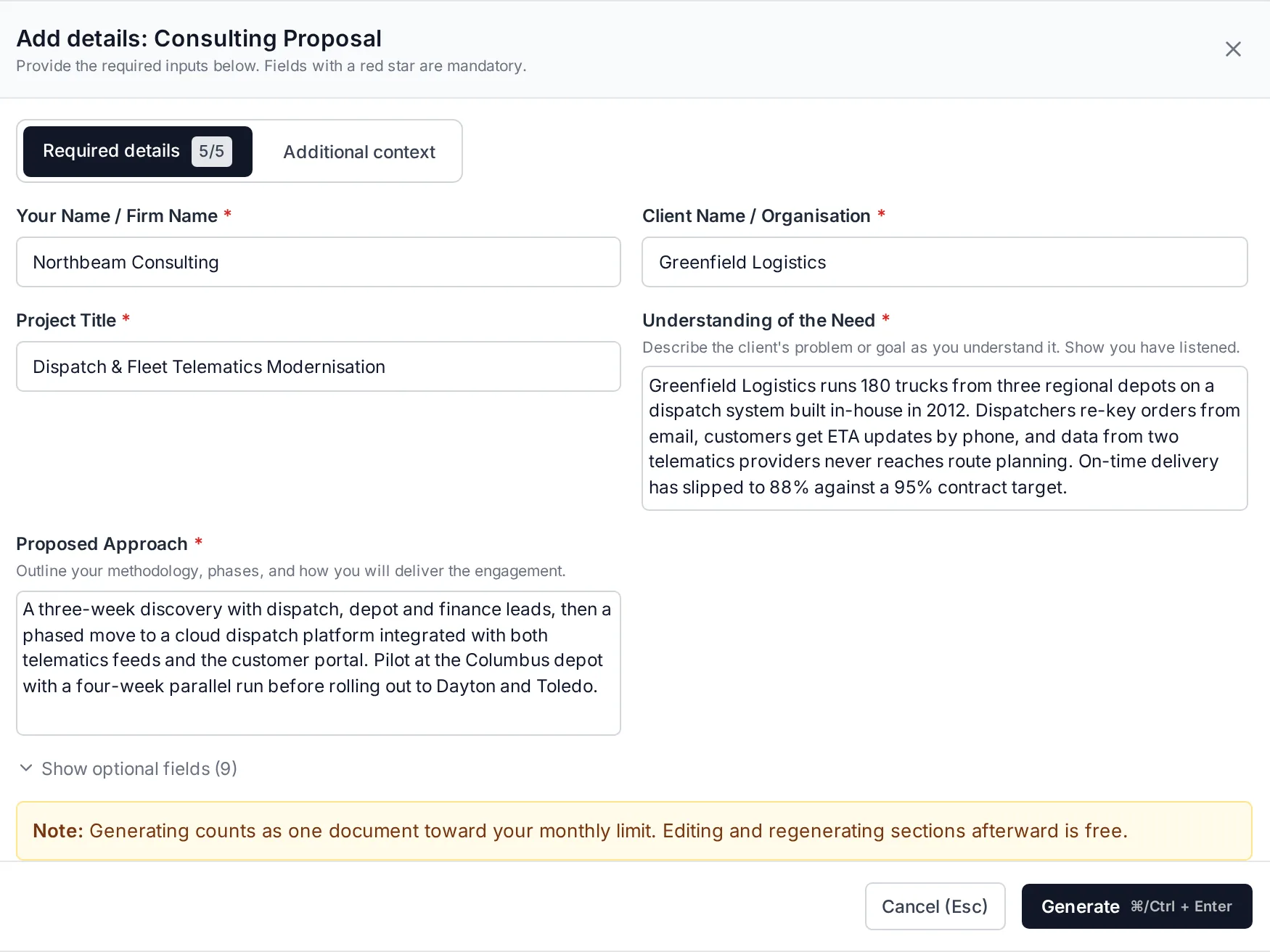 The brief form for a consulting proposal, filled in with Greenfield Logistics project details