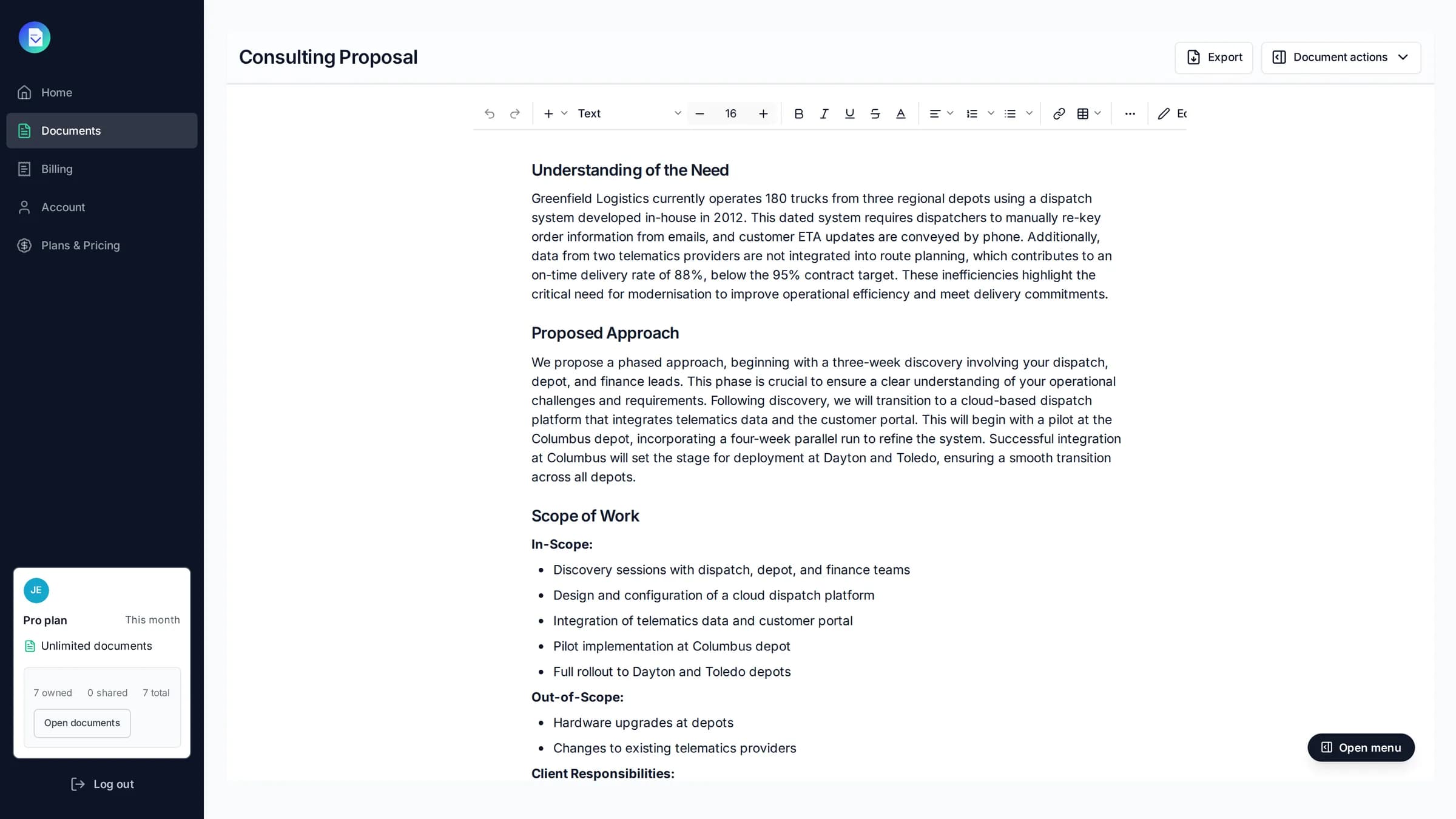 A consulting proposal for Greenfield Logistics drafted in PropellaDocs, open in the editor