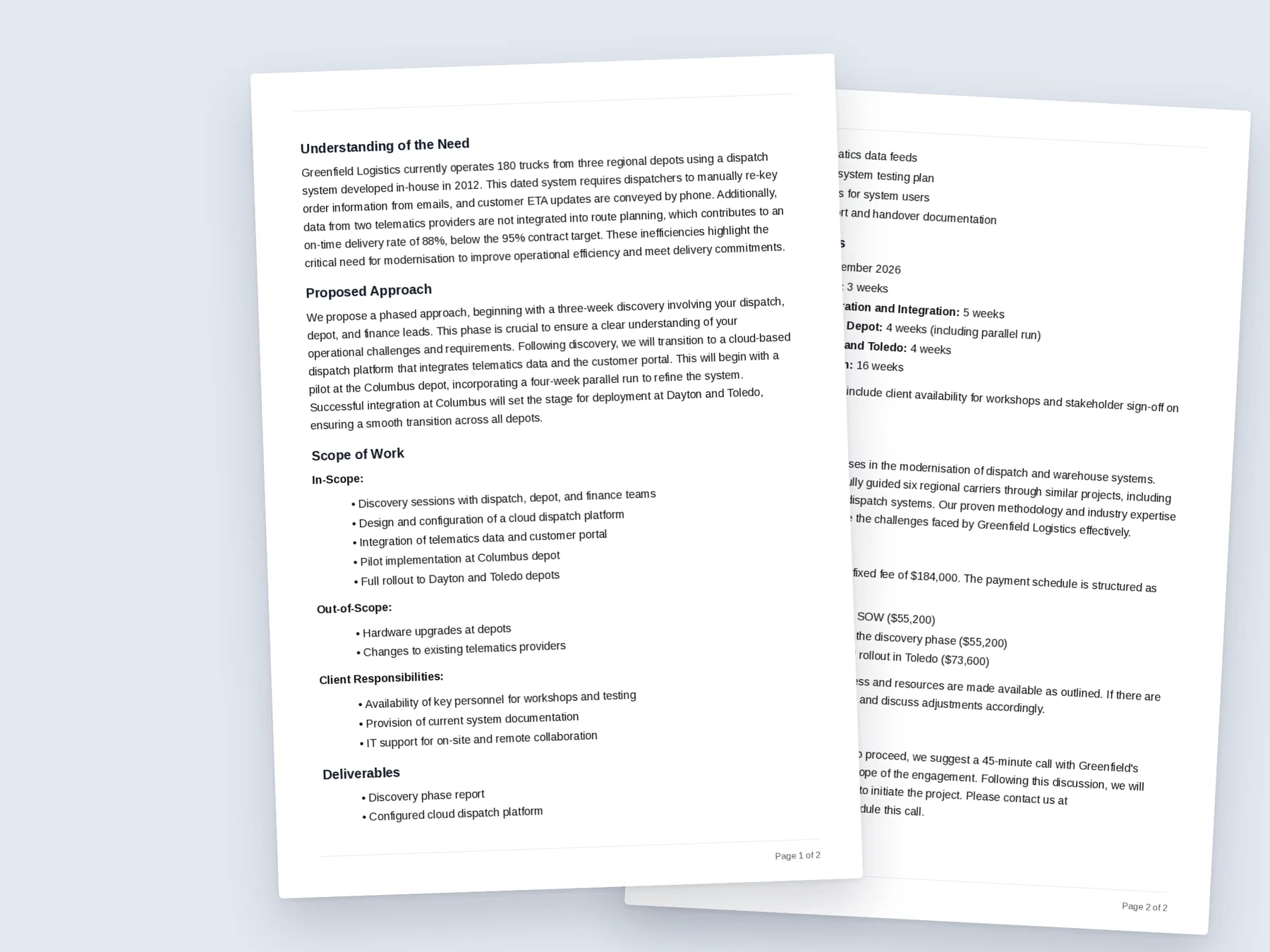 Two pages of the Greenfield Logistics proposal exported as a PDF