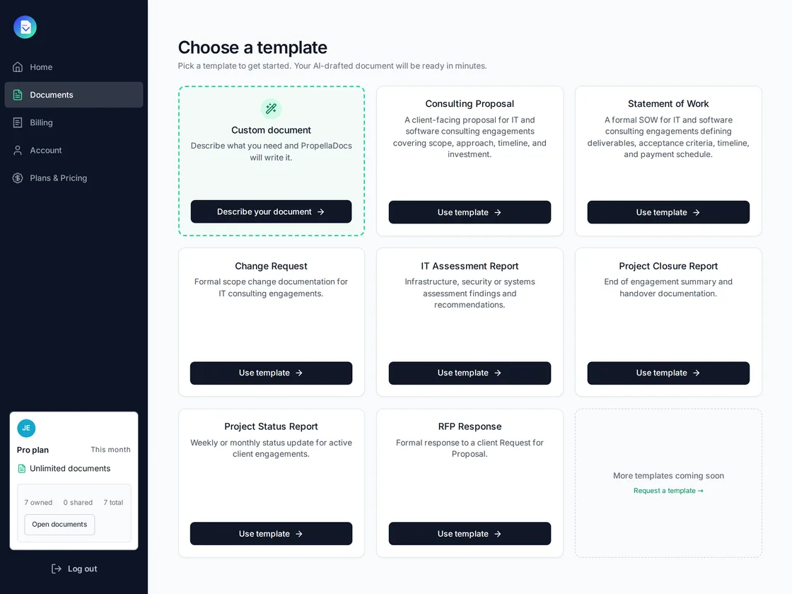 PropellaDocs template picker: the Custom document card first, then the consulting templates